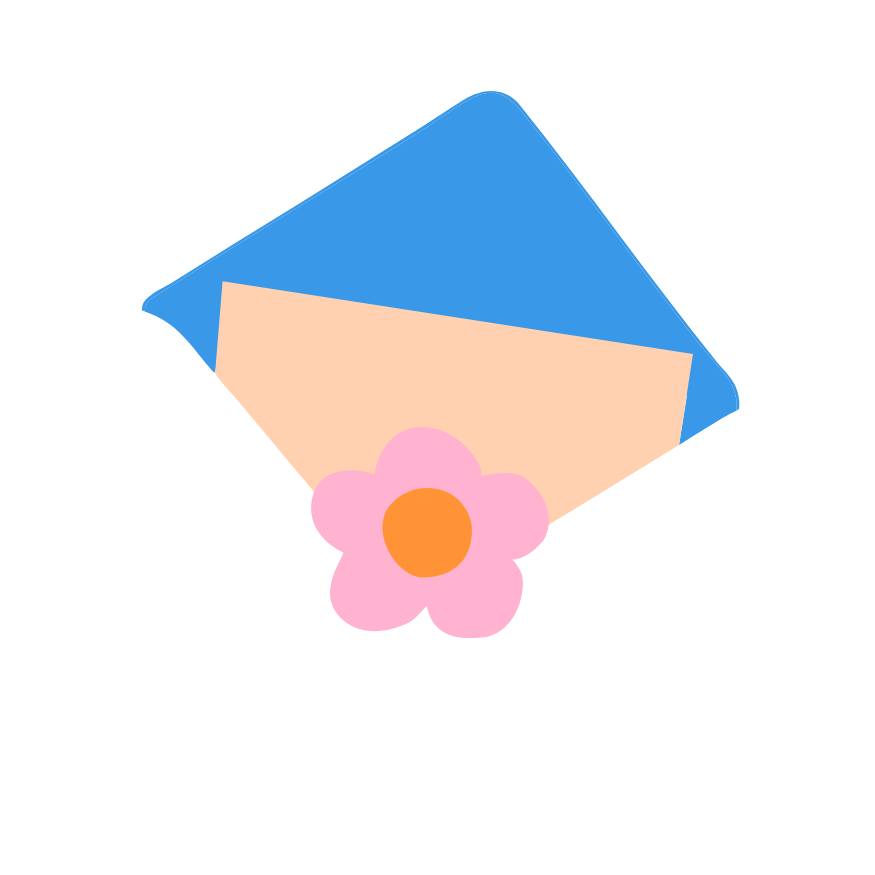A white envelope with a pink flower seal, containing a beige and blue card.