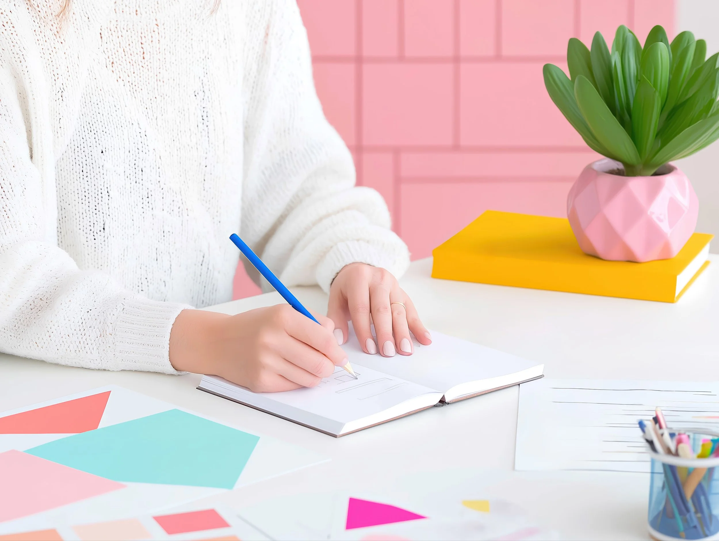 A person wearing a white knitted sweater writing in a notebook with a blue pen on a white desk. There are colorful paper swatches, a striped piece of paper, a small cup of colored pens, a yellow book, and a pink geometric planter with a green plant on the desk. The background has a pink wall with tiles.