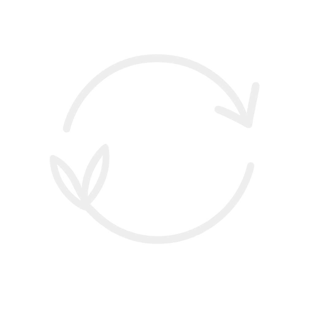 A circular arrow with two leaves at the bottom left side, representing recycling or sustainability.