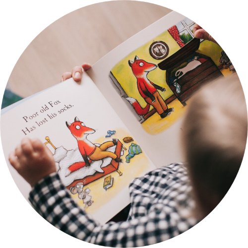 Child reading a children's book with illustrations of a fox in a bedroom, with the text "Poor Old Fox Has lost his socks."