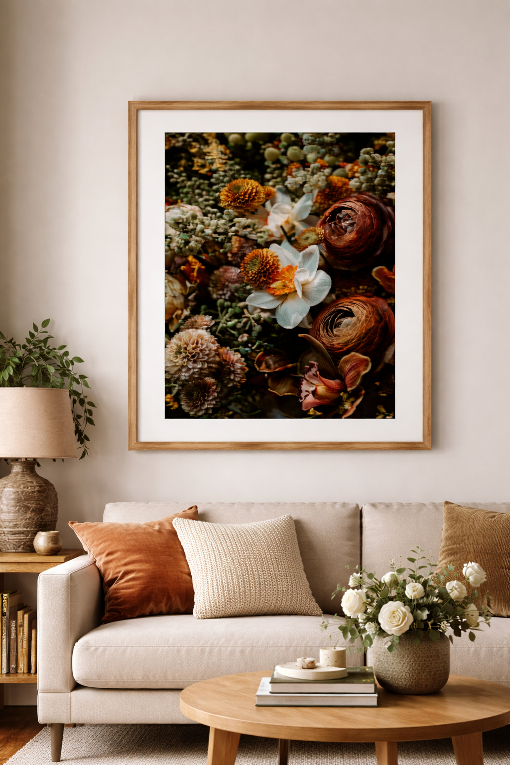 Blumenfotografie über modernem Sofa.png