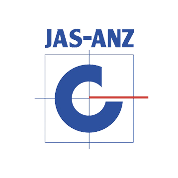 JAS-ANZ certification logo with a large blue 'C' and a red crosshair symbol.