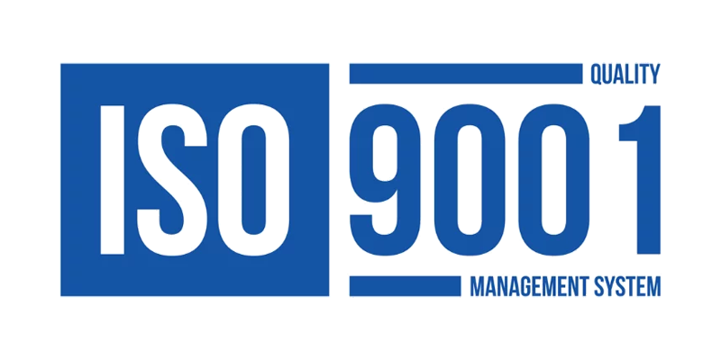ISO 9001 Quality Management System certification logo with blue text on a black background.