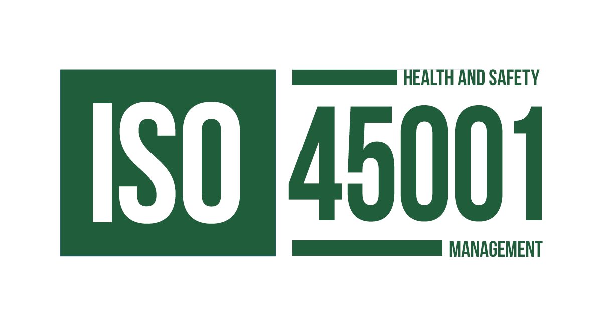 ISO 45001 health and safety management certification logo with green and black text
