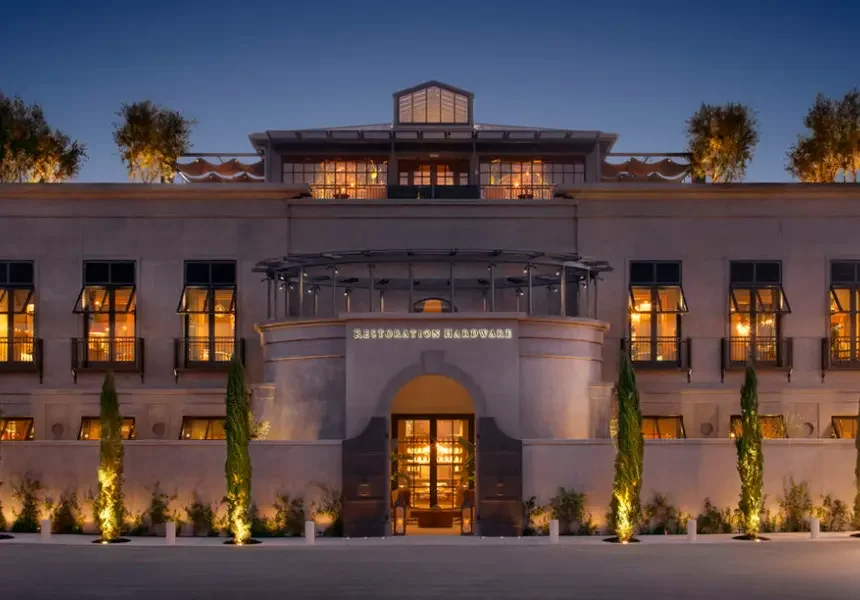 Exterior view of a modern, multi-story building at dusk with warm lighting inside, featuring the sign "Sutraion Hardware" above the entrance, and tall illuminated trees line the walkway.
