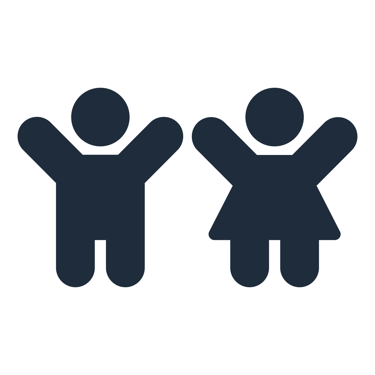 Icon of a boy and girl with arms raised, in dark blue color.