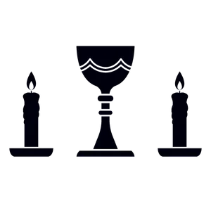 Silhouette of a trophy in the center with two lit candles on either side.
