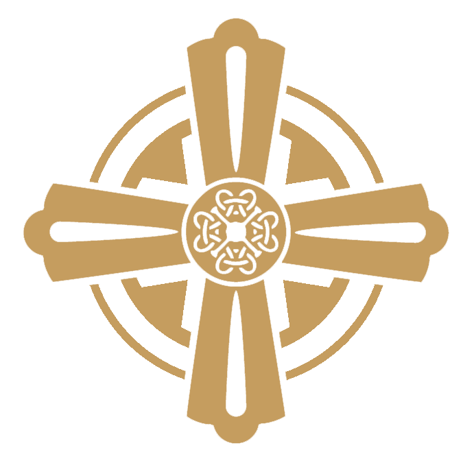 Gold-colored cross with a central circular emblem featuring a stylized lion's face, set against a black background.
