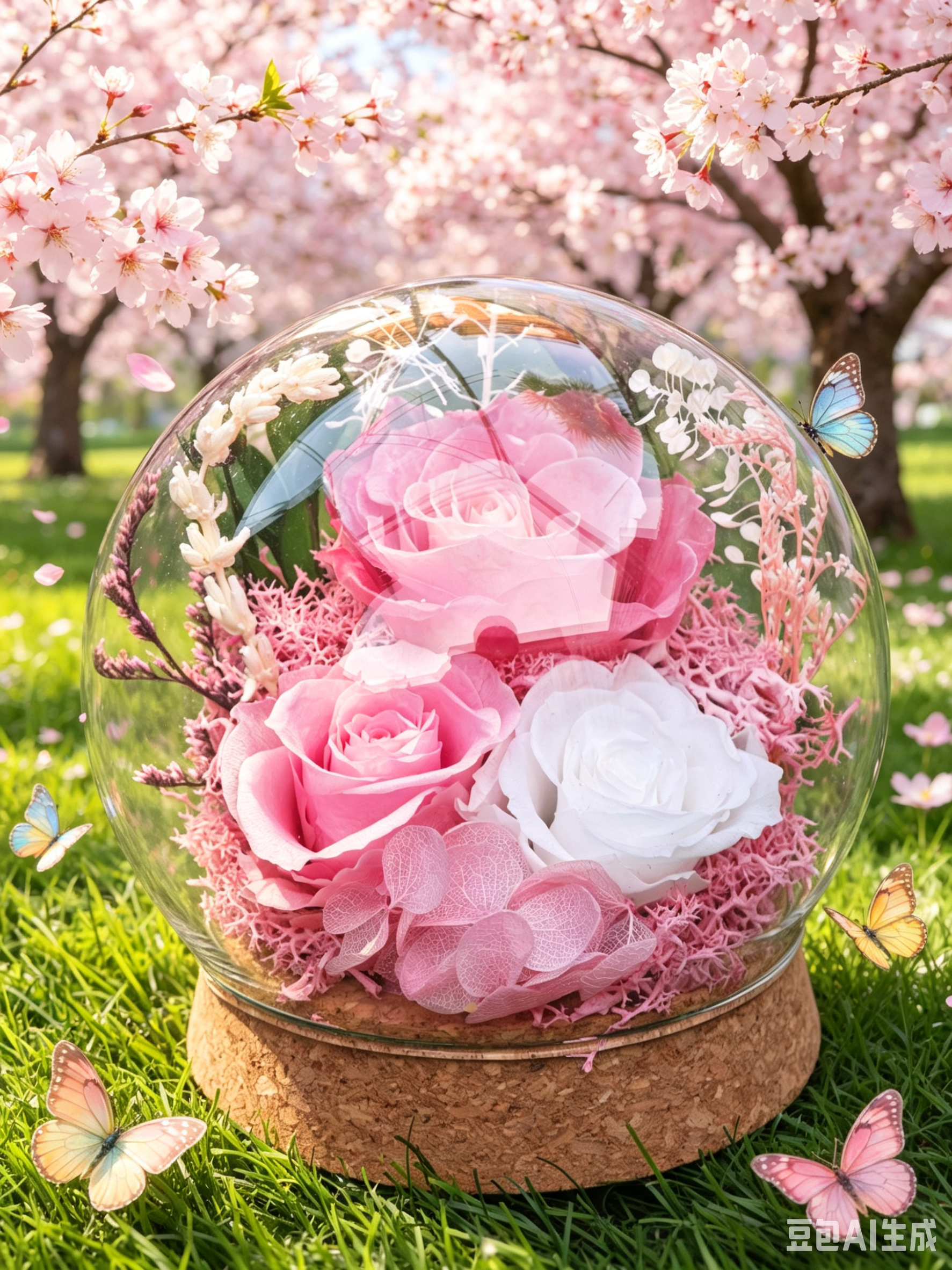 A glass bowl with pink and white artificial roses and leaves, surrounded by colorful butterflies on grass, with blooming cherry trees in the background.