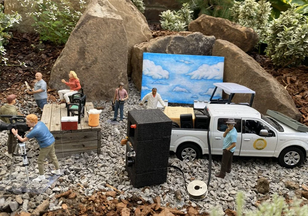 Blue sky backdrop used in miniature movie lot