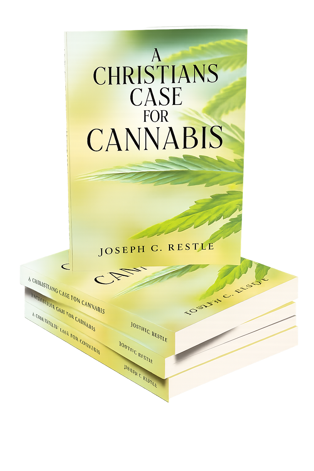 A book titled 'A Christians Case for Cannabis' by Joseph C. Restle, with a cover design featuring green cannabis leaves.