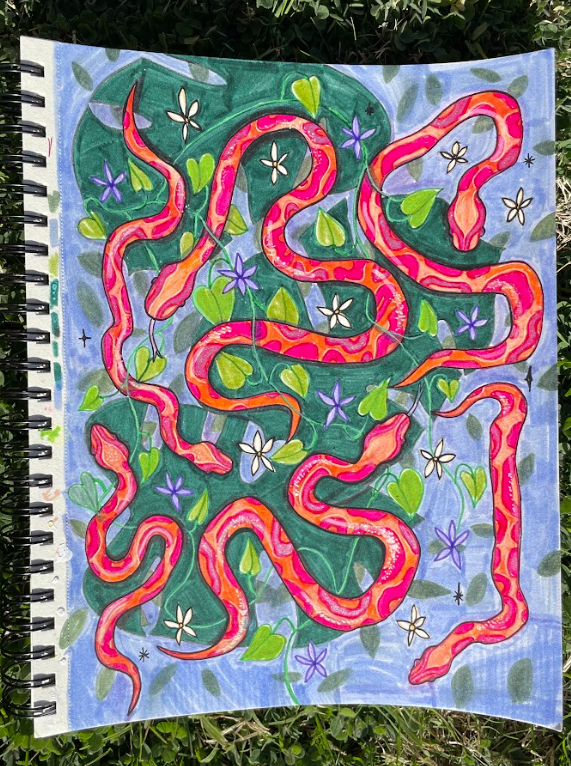 Snakes on the Water, 2025, 11 x 14, Water-Based Pens &  Paper