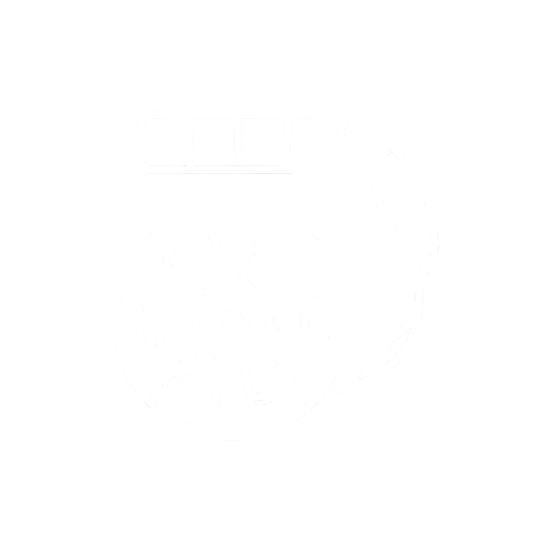 Line drawing of a camera lens and a film roll on a black background.