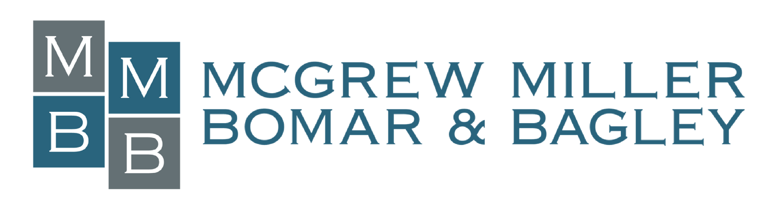 Logo featuring the name 'McGrew Miller Bomar & Bagley' with large initials 'M M B B' on the left side, designed with shades of blue, gray, yellow, and turquoise.