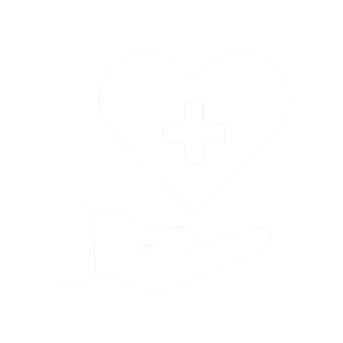 White heart with a medical cross inside, above a hand on a black background.