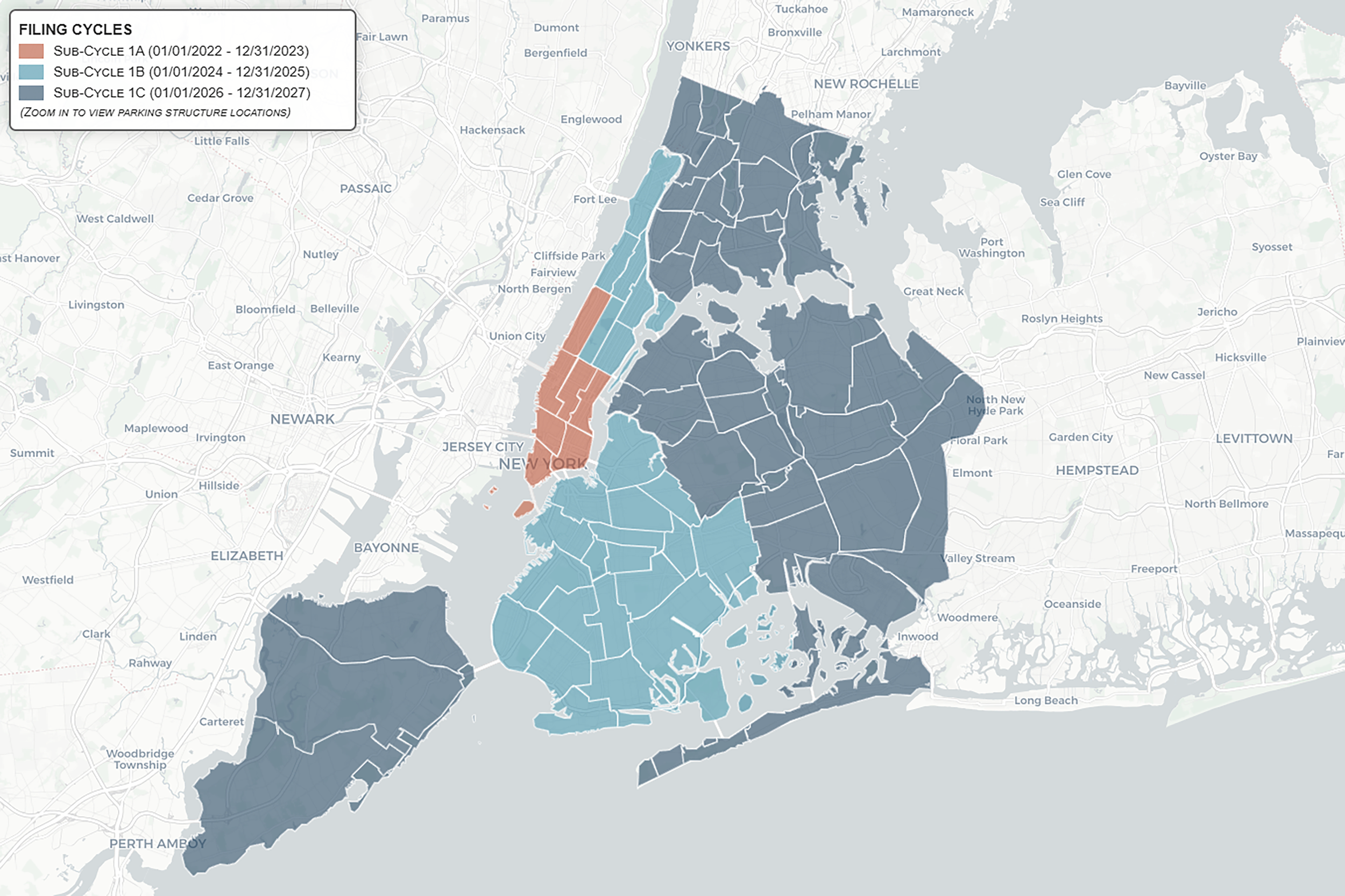 Map showing New York City and surrounding areas, with different boroughs and parts of New Jersey color-coded based on filing cycles from 2022 to 2027, including a legend for filing cycle sub-categories.