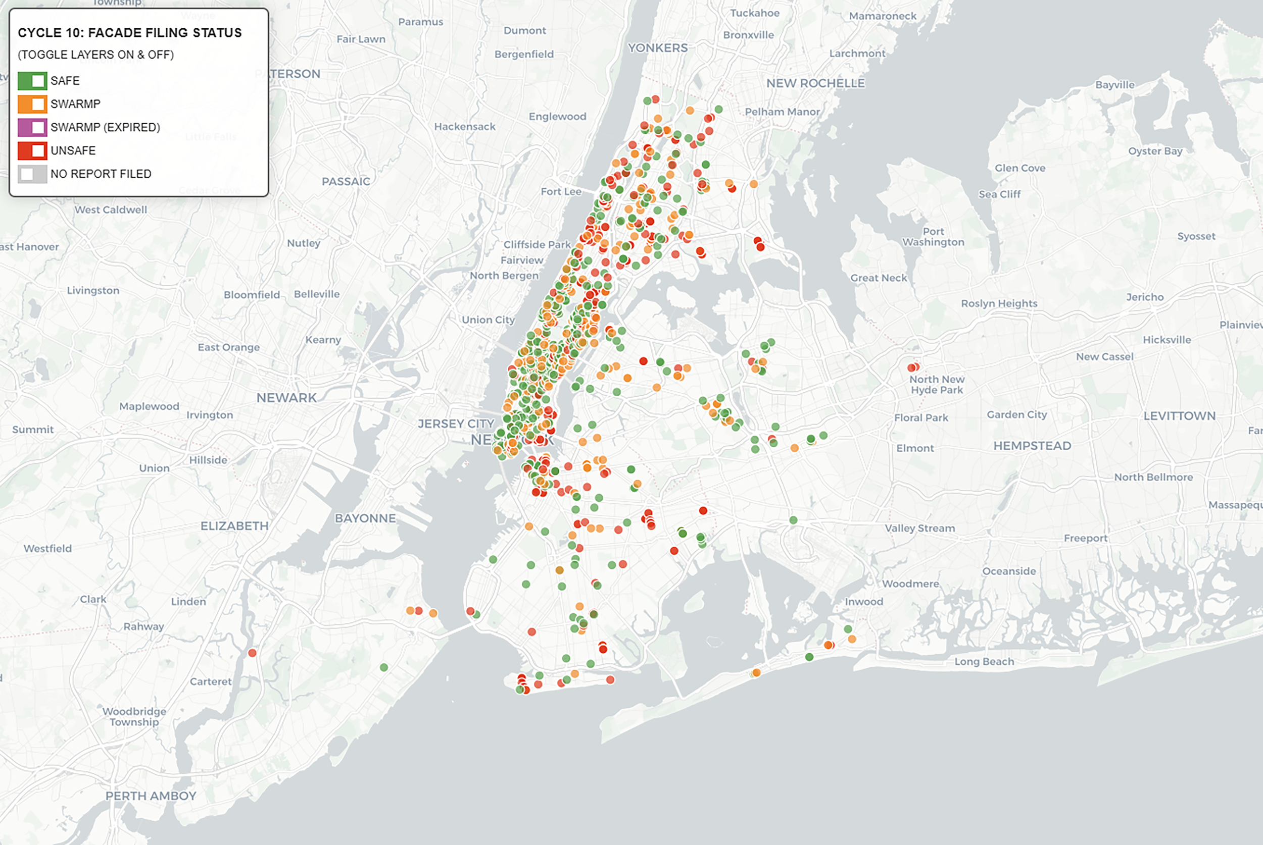 Map of New York City with colored dots indicating facade filing status, including safe (green), swarmp (orange), swarmp expired (purple), unsafe (red), and no report filed (gray).