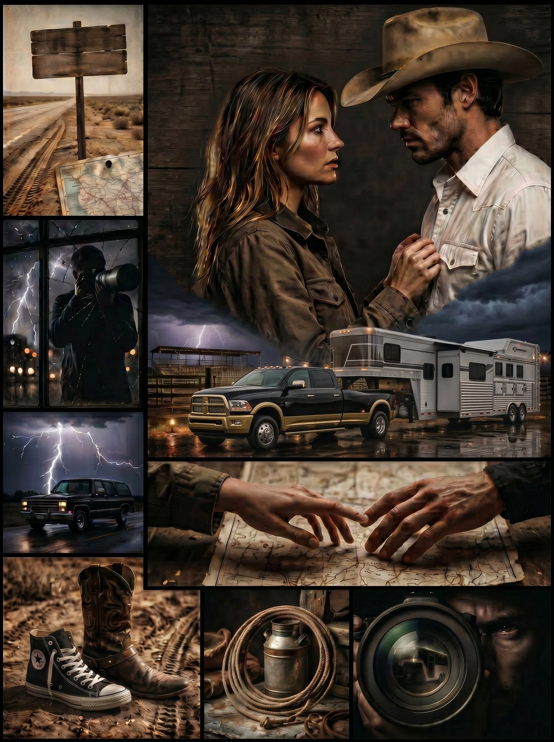 Collage of images depicting a desert landscape with a wooden sign and a map, a person with a camera taking a photo through a broken window with lightning outside, a pickup truck and a travel trailer, a close-up of two hands touching above a map, cowboy boots and sneakers on dirt, a lantern, and a pair of sunglasses. Central image features a man and woman facing each other with serious expressions, surrounded by scenes of thunderstorms, a stormy sky, and outdoor settings.