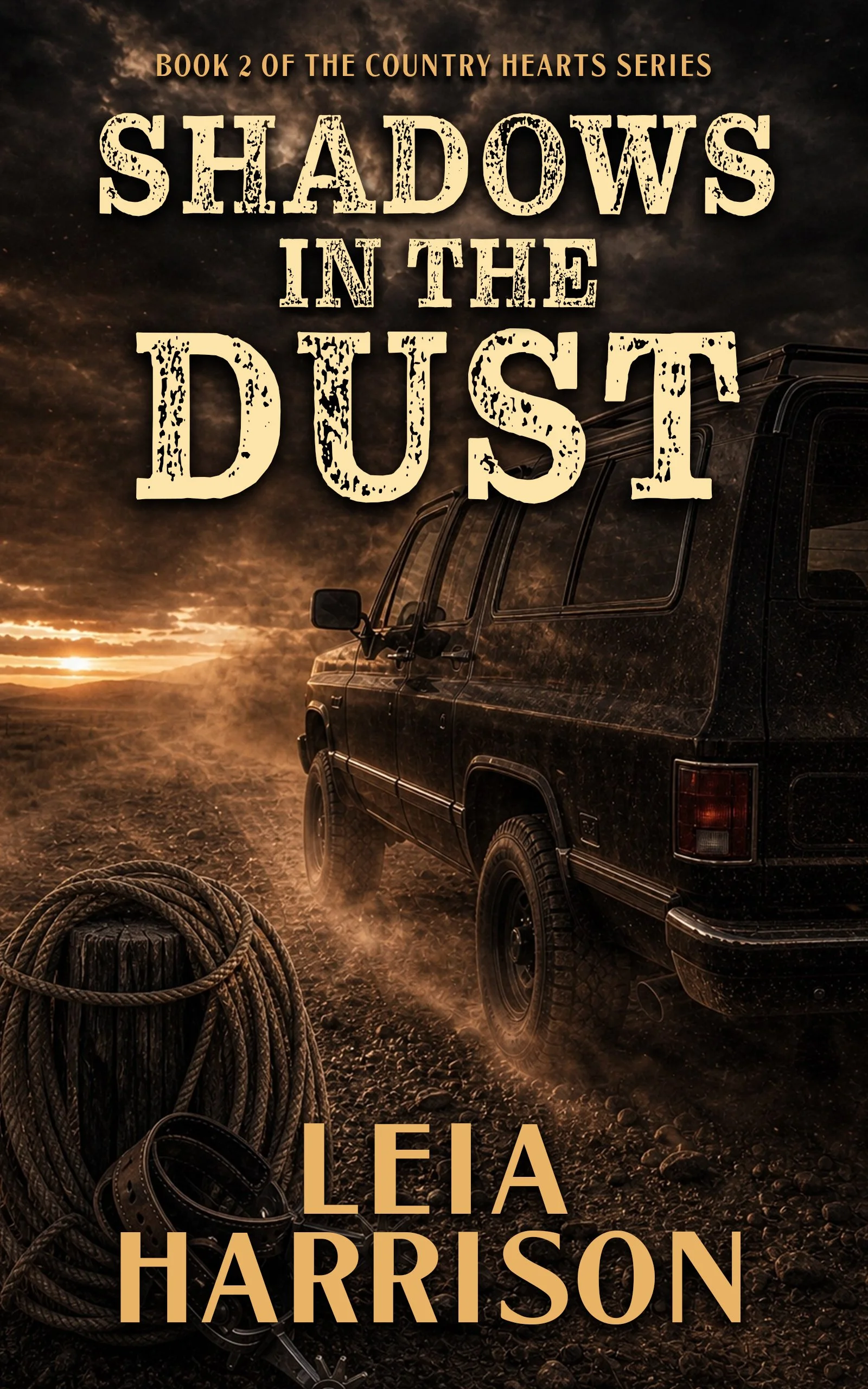 Book cover for 'Shadows in the Dust' by Leia Harrison featuring a black SUV parked on a dusty landscape with a coiled rope and a cowboy hat in the foreground, and a dramatic sunset sky in the background.