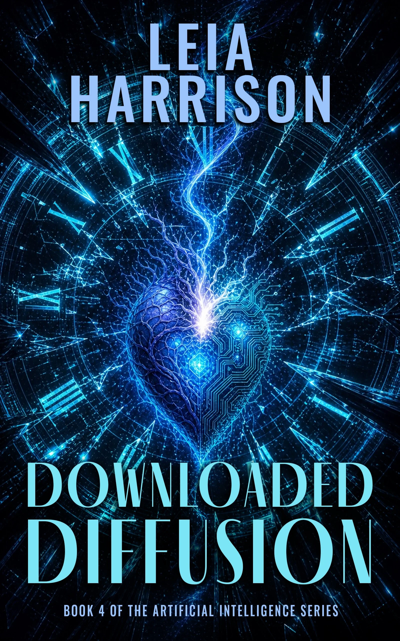 Book cover titled "Download Dilemma" with a futuristic blue and black background featuring digital clock elements and a neural network illustration. The subtitle states "Book 4 of the Artificial Intelligence Series."