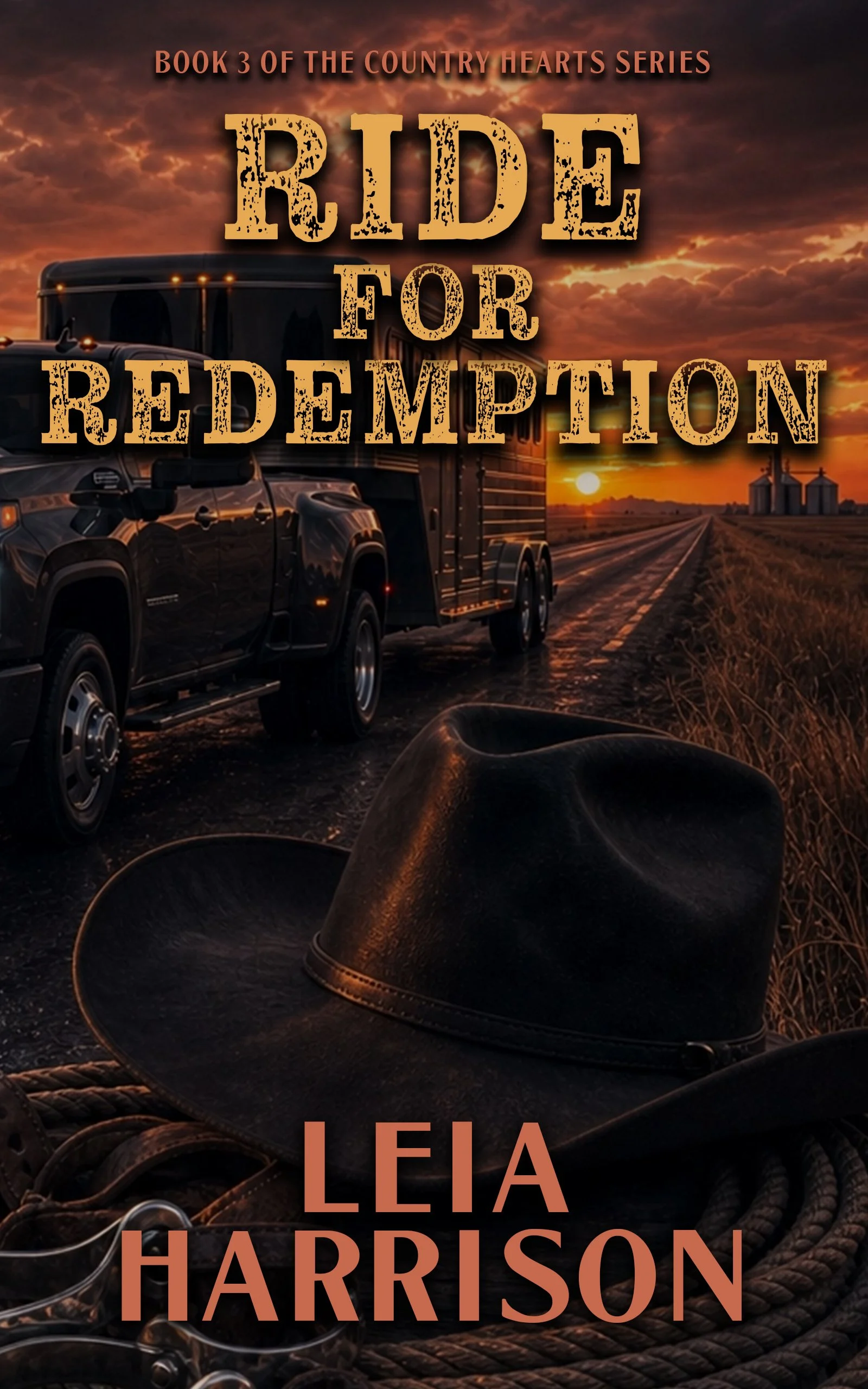 A western landscape at sunset with a horse trailer on a dirt road, a cowboy hat and rope in the foreground, and grain silos in the distance. Text overlay reads 'Book 3 of the Country Hearts Series RIDE FOR REDEMPTION by Leia Harrison.'