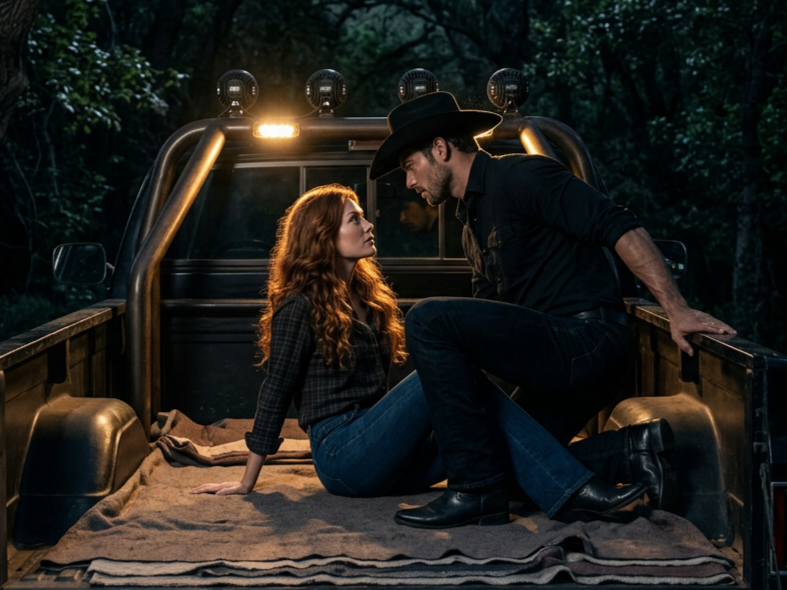 A couple with fair skin and red hair sitting close in the back of a truck with a rural wooded background, illuminated by truck lights, sharing an intense moment.