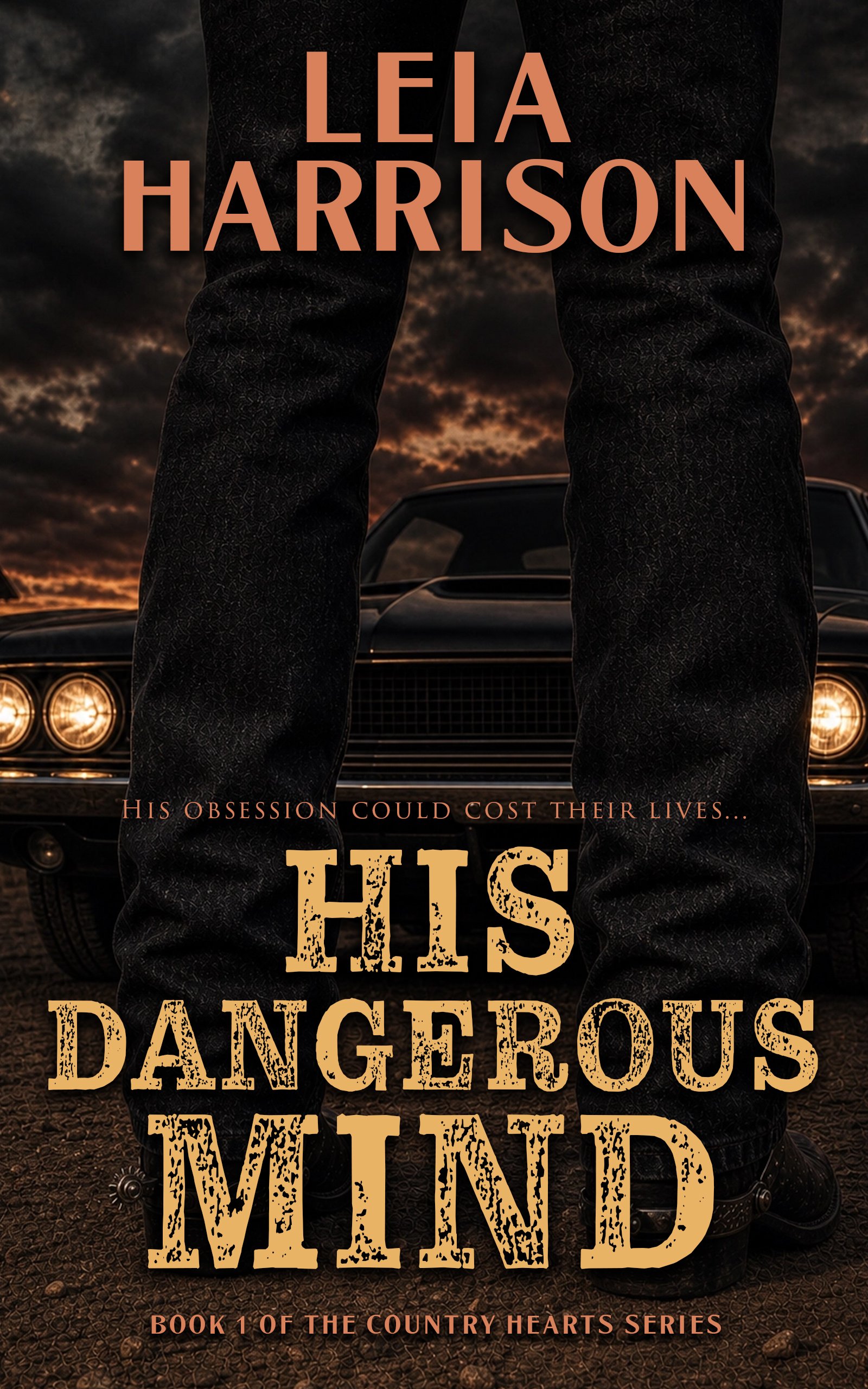 Book cover for 'His Dangerous Mind' featuring a person standing in front of a dark vintage car with a sunset sky in the background. The person is wearing dark jeans, and the title and tagline are overlaid in large, rugged font.