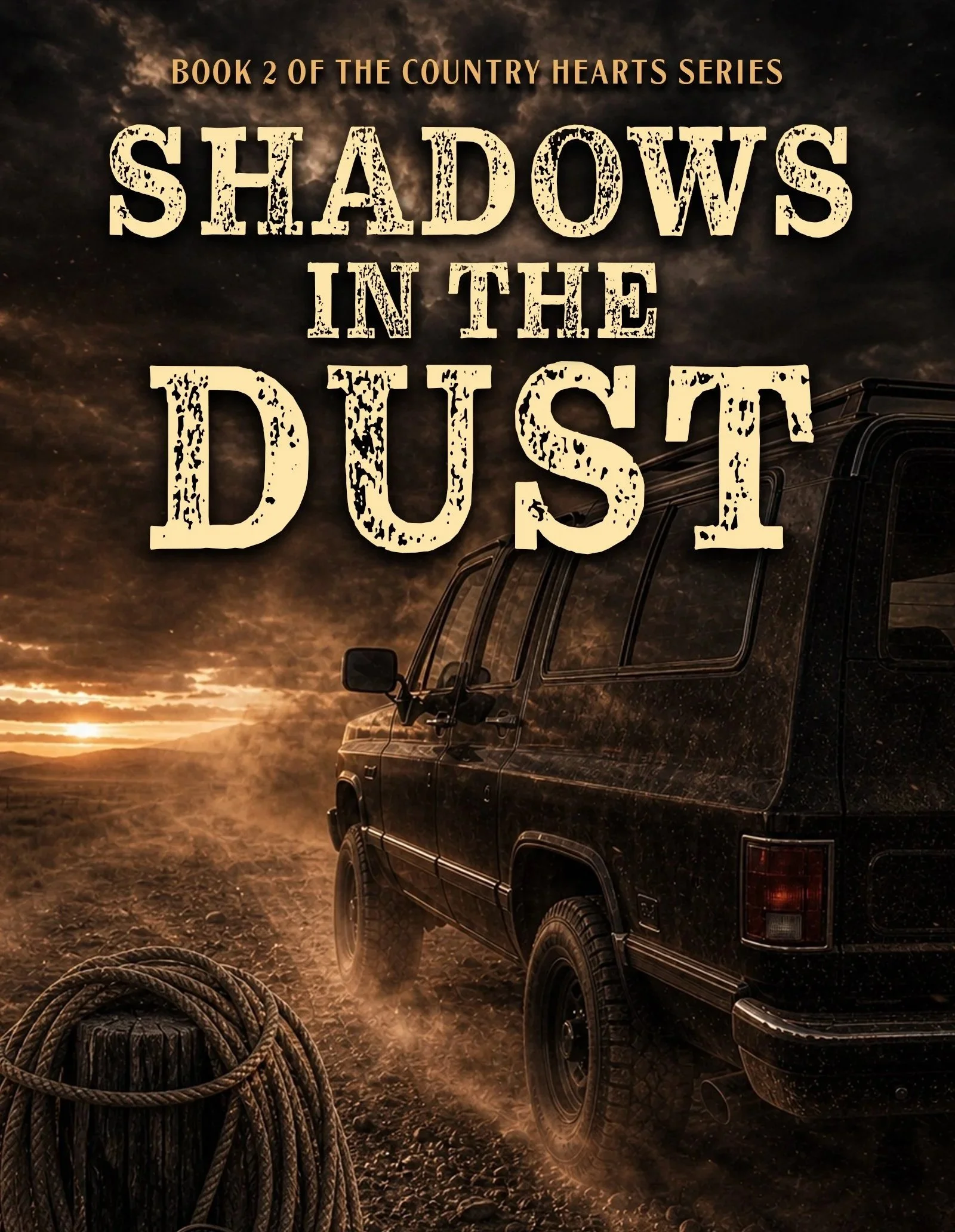A dark, cloudy sky at sunset with mountains in the distance. A black SUV is parked in a dry, dirt field with a coiled rope in the foreground.