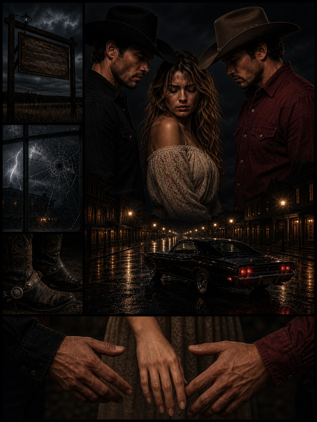 Dark scene with a woman flanked by two men wearing cowboy hats, a rain-soaked street with a black car, a broken window with lightning in the background, and close-up of hands reaching toward each other.