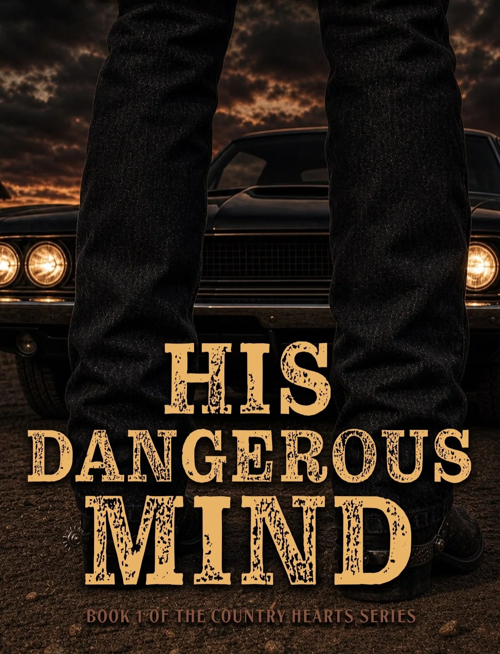 A person standing in front of a vintage black car with headlights on, wearing dark patterned pants. The sky is cloudy with the sunset in the background. Overlaid text reads 'HIS DANGEROUS' and 'BOOK 1 OF THE COUNTRY HEARTS SERIES'.