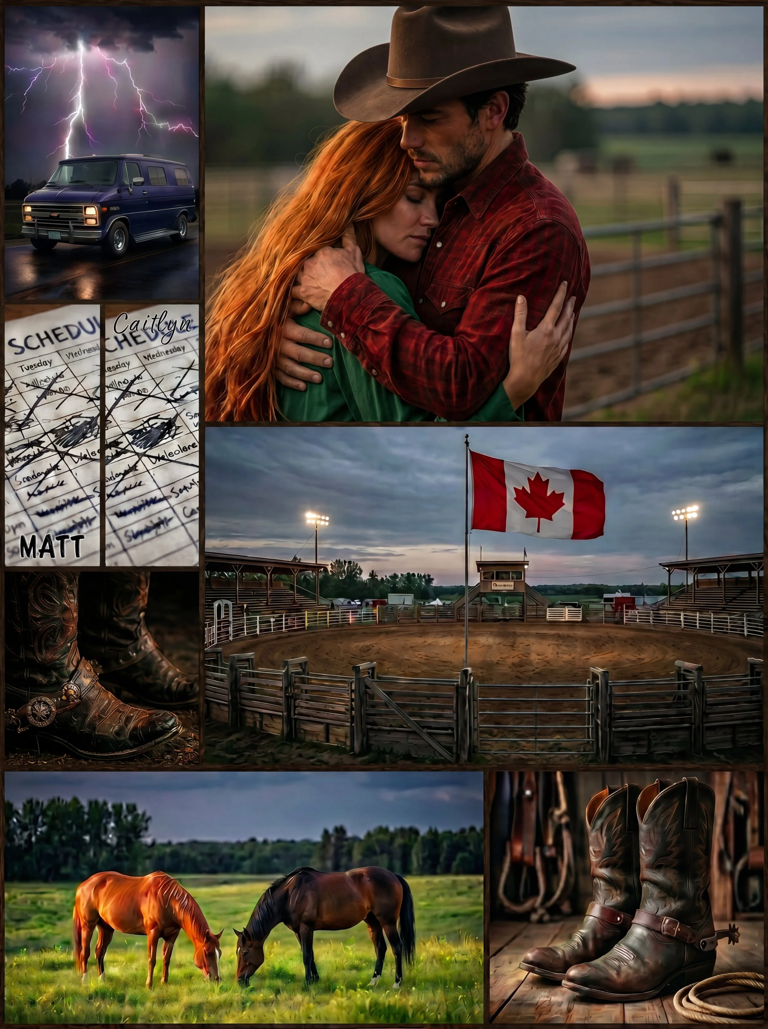 A collage of images depicting rural and country life, including horses grazing in a field, cowboy boots, a rodeo arena, a Canadian flag, a storm with lightning, a man and woman embracing, a lightning storm over a dark road with an old van, and a schedule with days of the week.