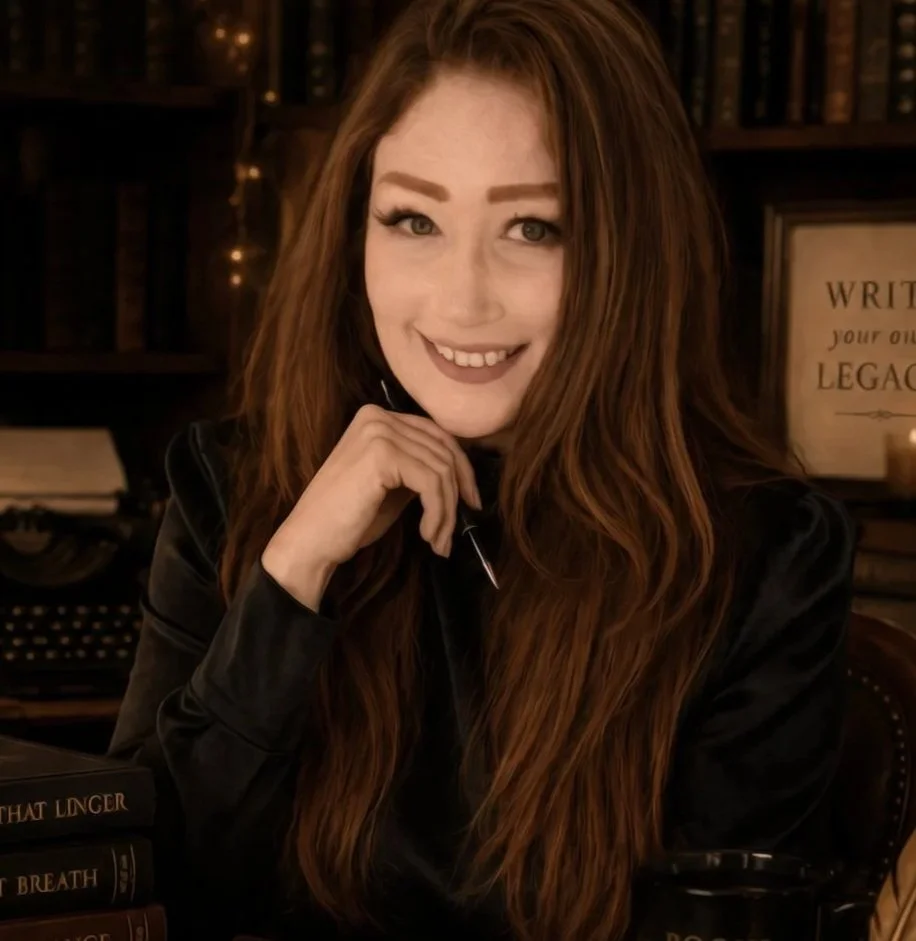 A woman with long red hair, smiling, sitting at a desk in a dimly lit room with bookshelves and decorative items in the background.