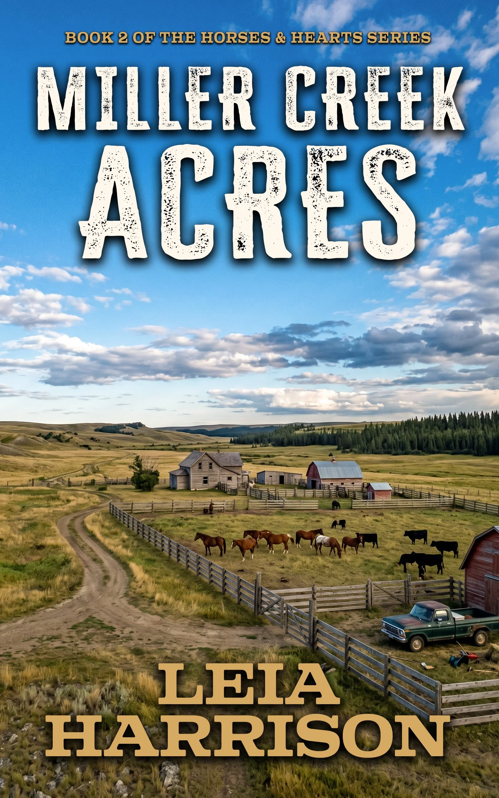 A rural farm landscape with fields, fences, farmhouses, and horses grazing under a partly cloudy sky.