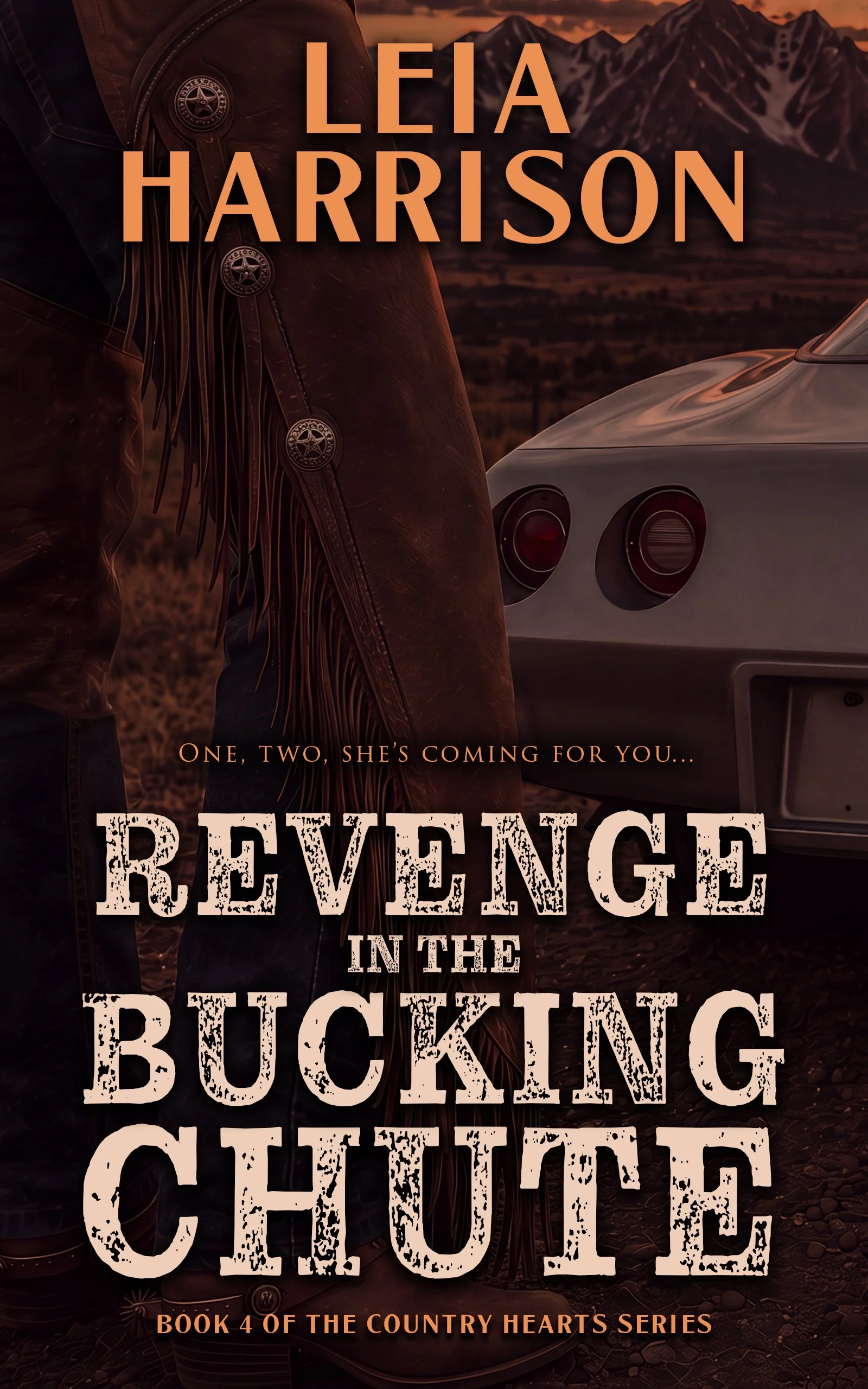 Book cover for 'Revenge in the Bucking Chute,' Book 4 of the Country Hearts Series. Features a close-up of a person in Western attire, and a vintage car, with mountains in the background at sunset.