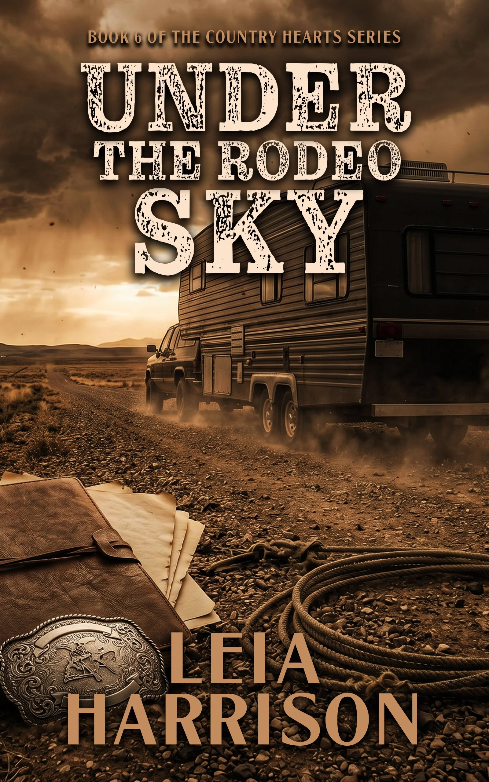 Book cover for "Under the Rodeo Sky" by Leia Harrison, featuring a dirt road, a parked RV, and a cloudy sky at sunset in a rural landscape.