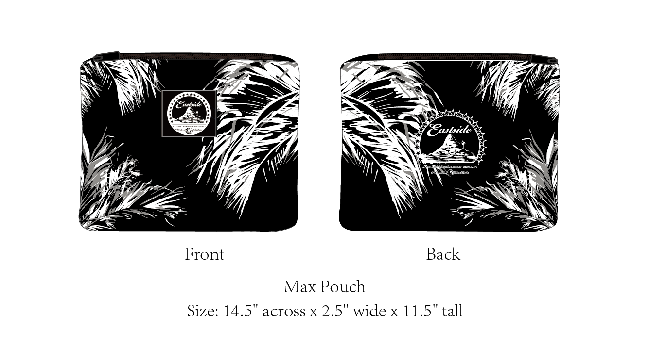 A black and white tropical leaf pattern on a pouch with the Eastside logo, featuring a mountain silhouette, on the front and back.
