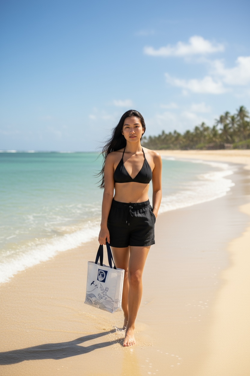 A woman in a black bikini top and black shorts walking barefoot on a sandy beach, holding a tote bag with a beach and ocean design, with palm trees and blue sky in the background.