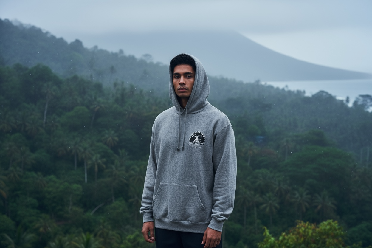 Young man in a gray hoodie standing outdoors in a foggy, lush green landscape with mountains and a lake in the background.