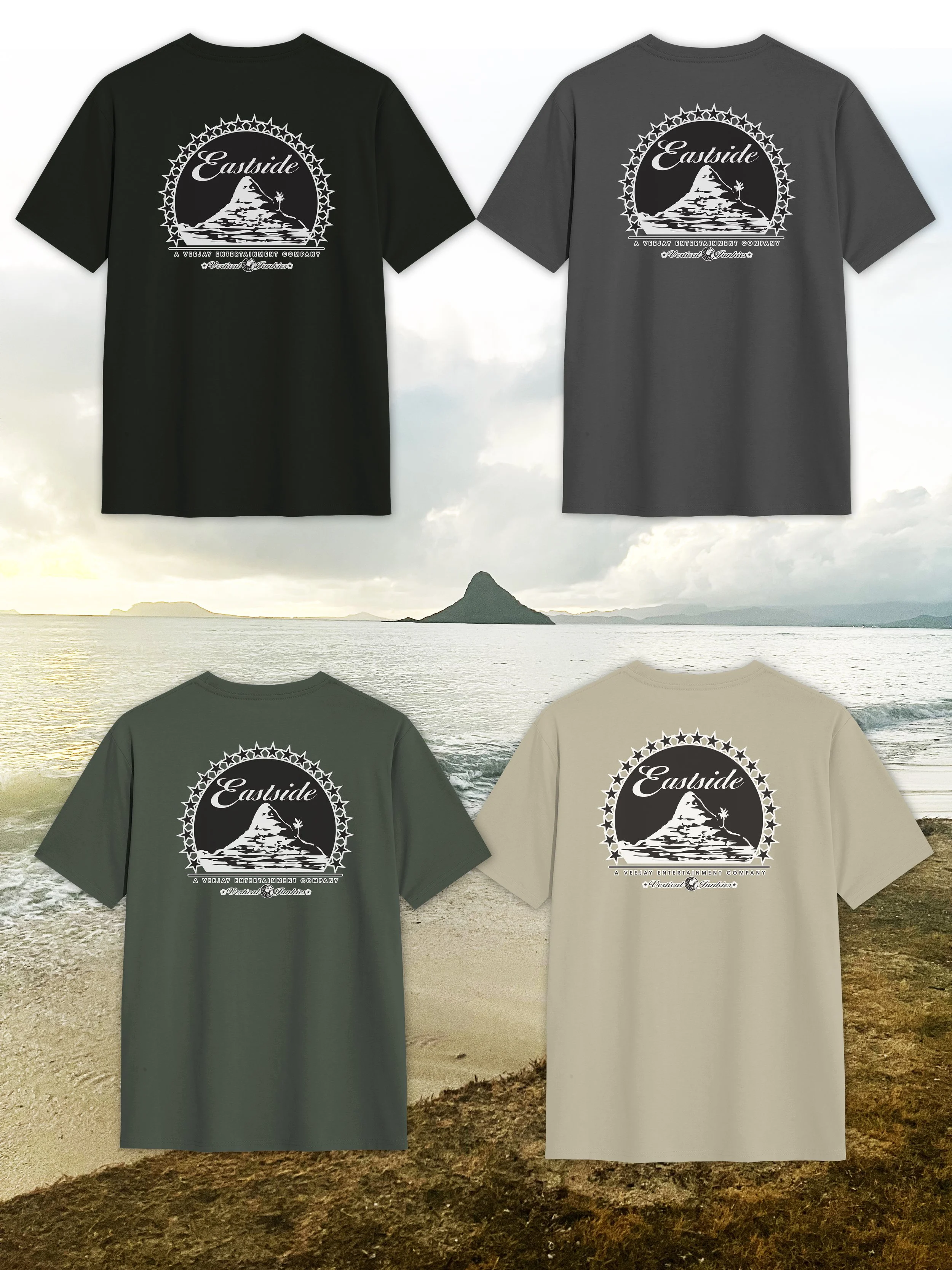 Four T-shirts in black, gray, green, and beige with a mountain and star design, the word 'Eastside,' and additional text, displayed against a beach and ocean background.