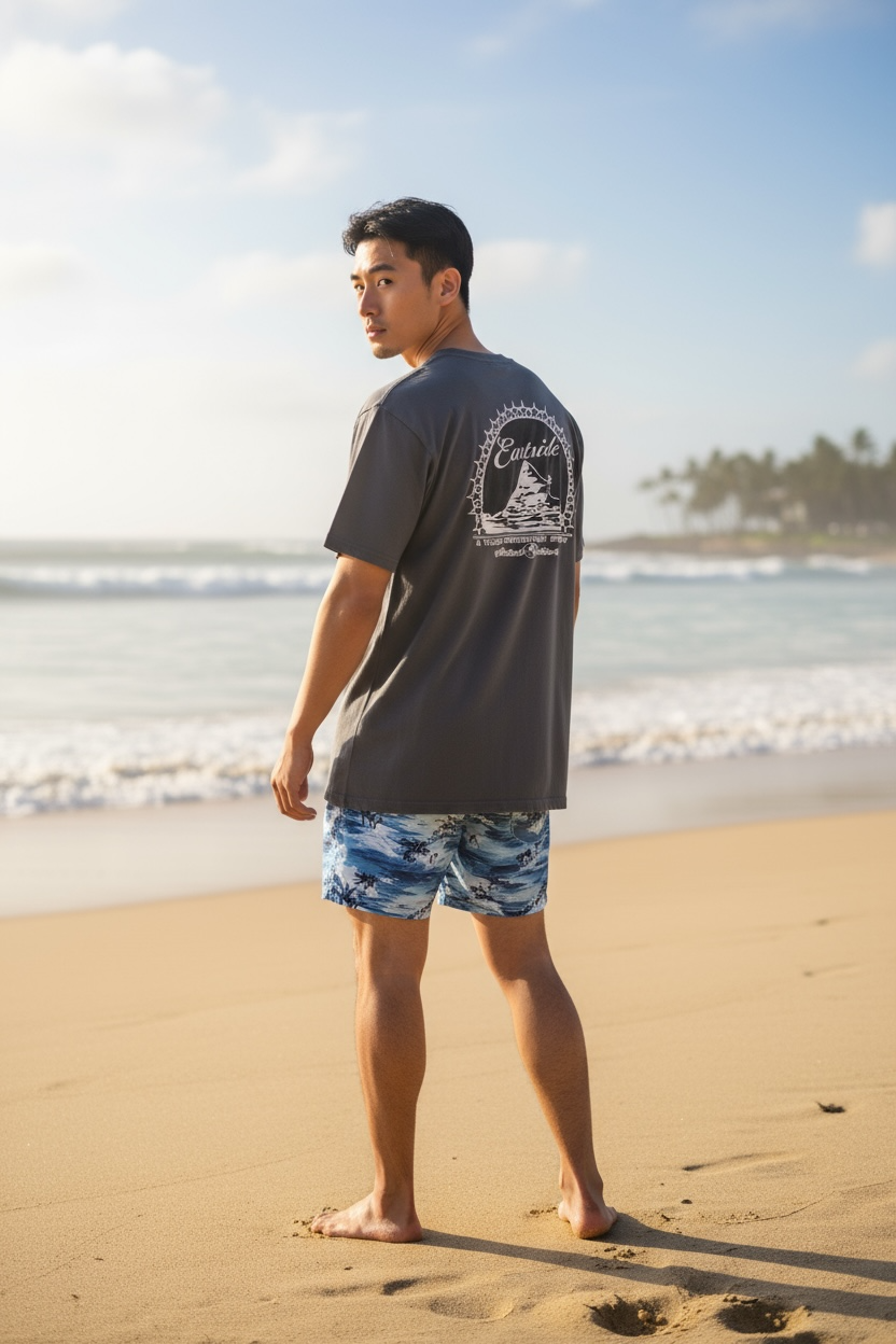 A young man stands on a sandy beach near the ocean with palm trees in the background. He is wearing a dark T-shirt with a graphic design on the back and blue and white patterned swim shorts, looking over his shoulder at the camera with his feet in the sand.