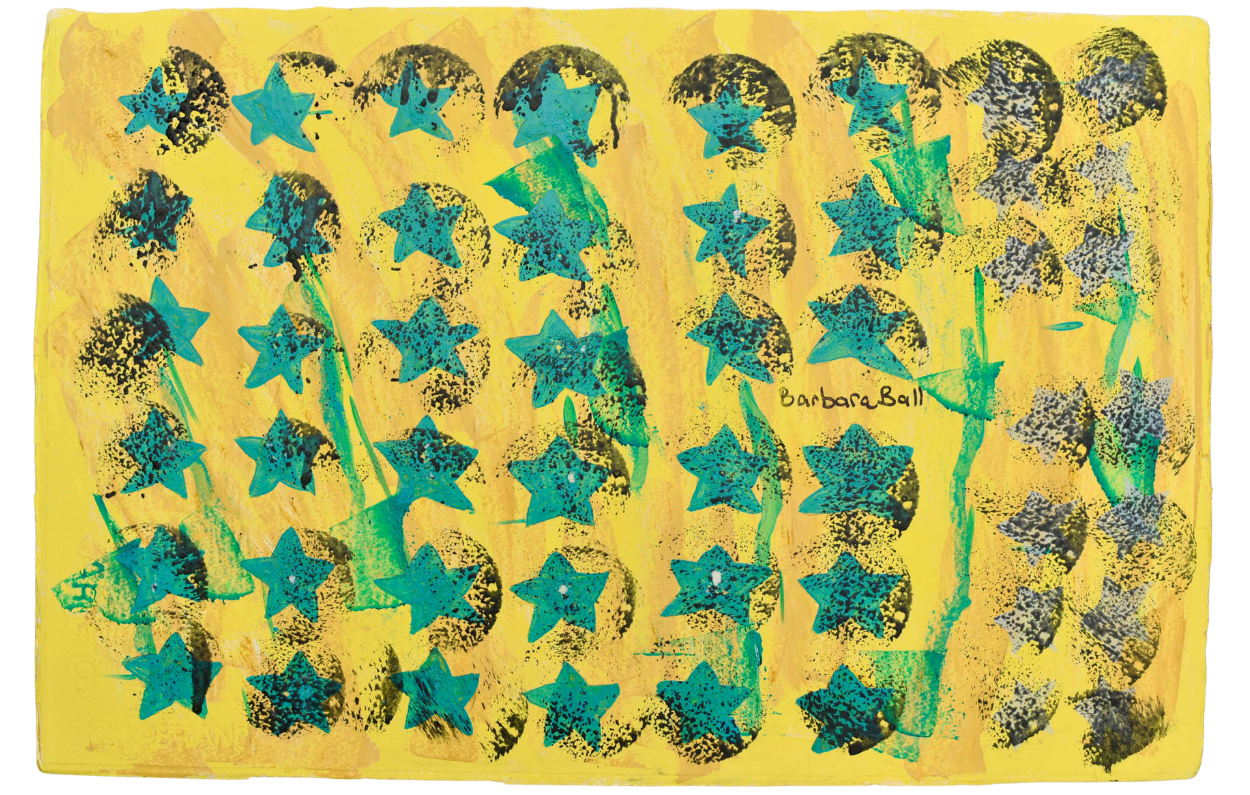 hand painted abstract flag in blue and green on a yellow background