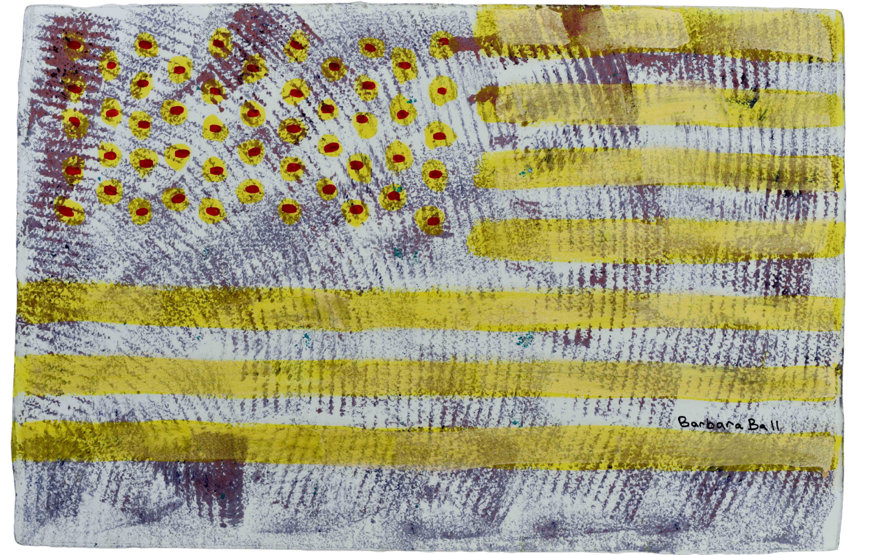 hand painted abstract flag in red, yellow and purple