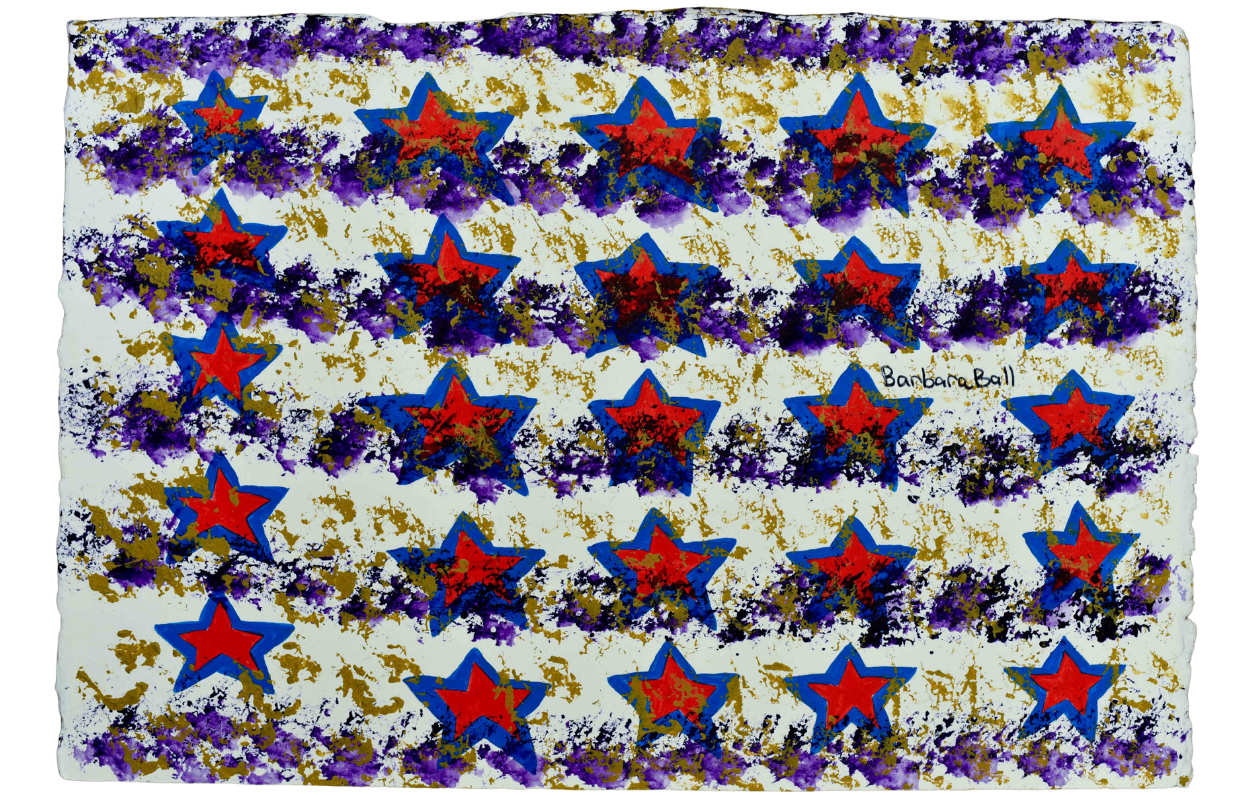 hand painted abstract flag in red, white, gold, purple and blue