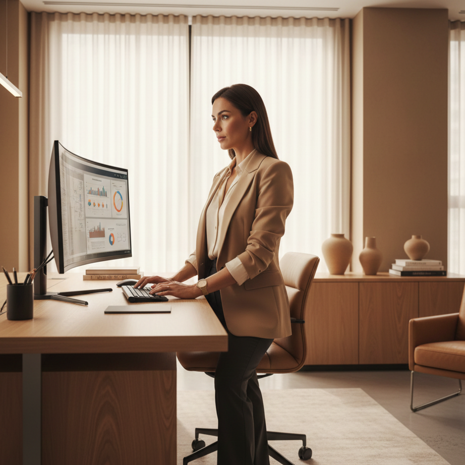 Businesswoman standing at her desk, looking at a computer monitor displaying graphs and charts in a well-lit office with beige curtains and decorative vases.