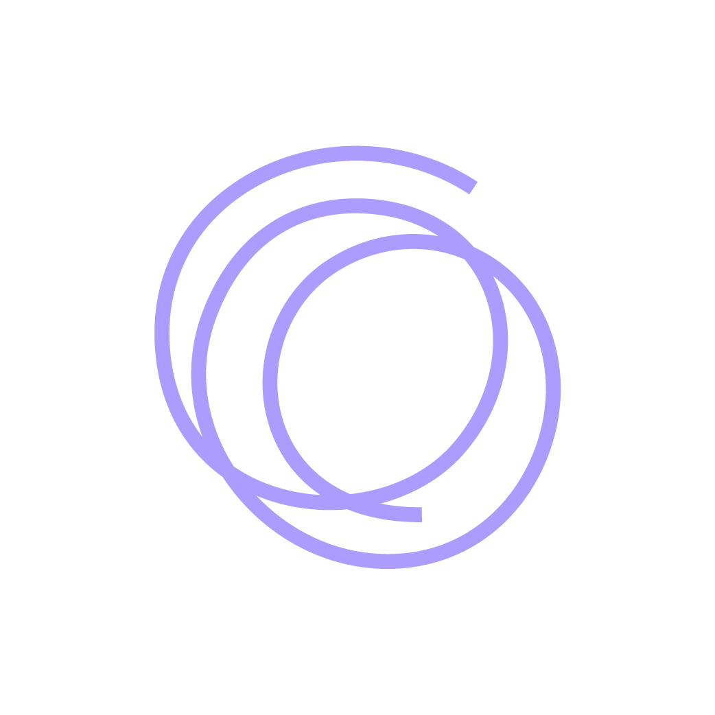 Abstract logo with overlapping lavender circles on a black background.