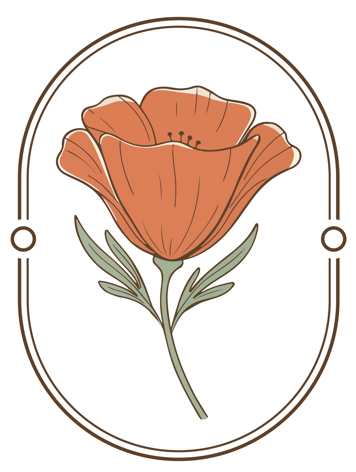 Stylized illustration of a single orange poppy flower with green leaves, encased in a thin brown oval outline on a black background.