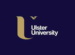 Ulster University logo with a large gold 'L' and a small gold bird above, on a dark blue background.