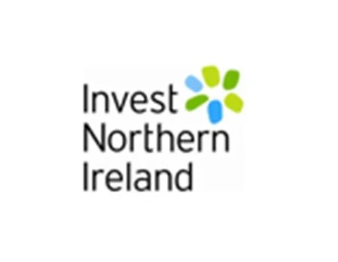 Logo for Invest Northern Ireland, featuring text and a stylized icon of interconnected blue and green shapes.