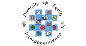 A circular logo with the words 'Diversity', 'Equity', 'Interdependence' around it. Inside the circle are various symbols representing diversity, such as a rainbow, a globe, a dove, a puzzle piece, a person, and other icons, arranged around a central blue cross.