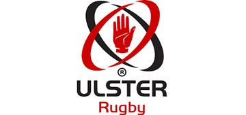 Ulster Rugby logo with a red and black emblem of a hand in a red circle